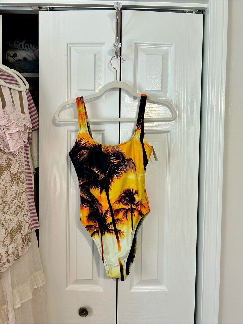aerie One-Piece Swimsuit in Yellow and Black Palm Print